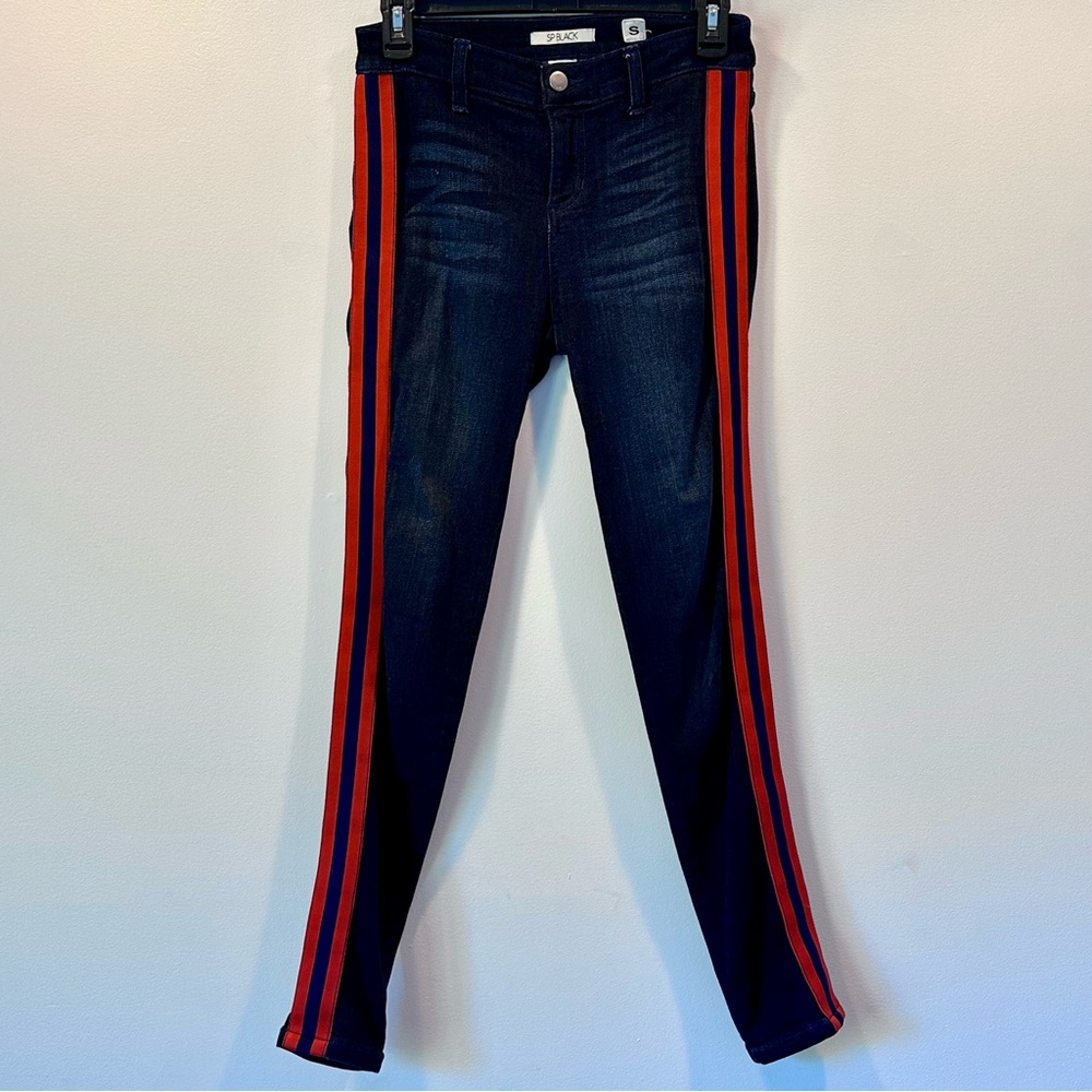 LIKE NEW SP Black Dark Blue Wash Red Racing Stripes Mid Rise Skinny Jeans Size S